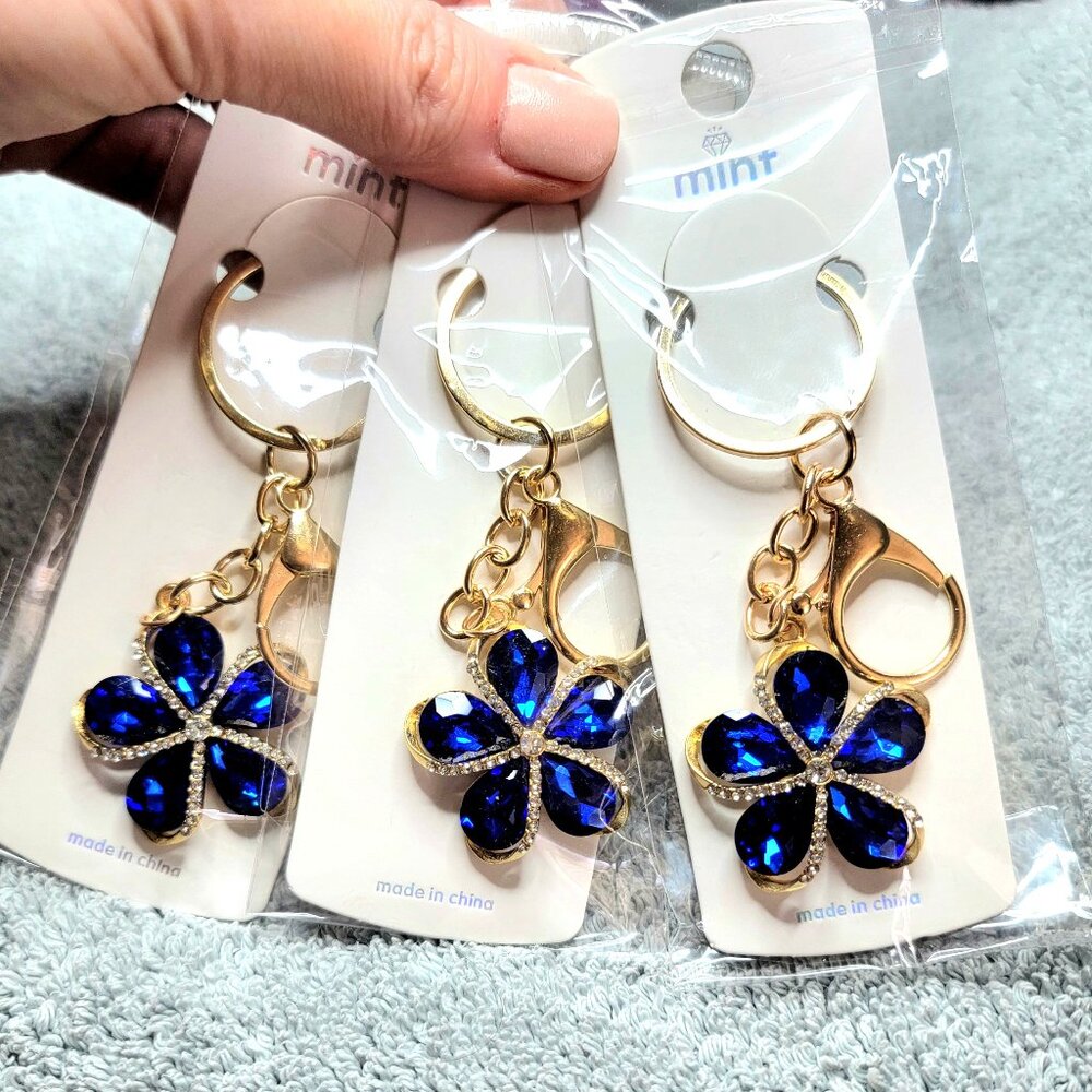3 Rhinestone Blue Plumeria Flower Keychains / Bag Charms ~ All NEW